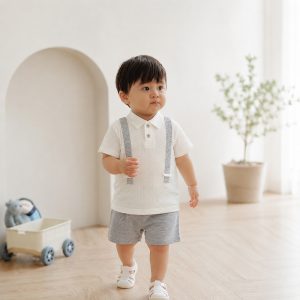 Bộ bé trai áo trắng cộc tay mix quần H110321 ghi